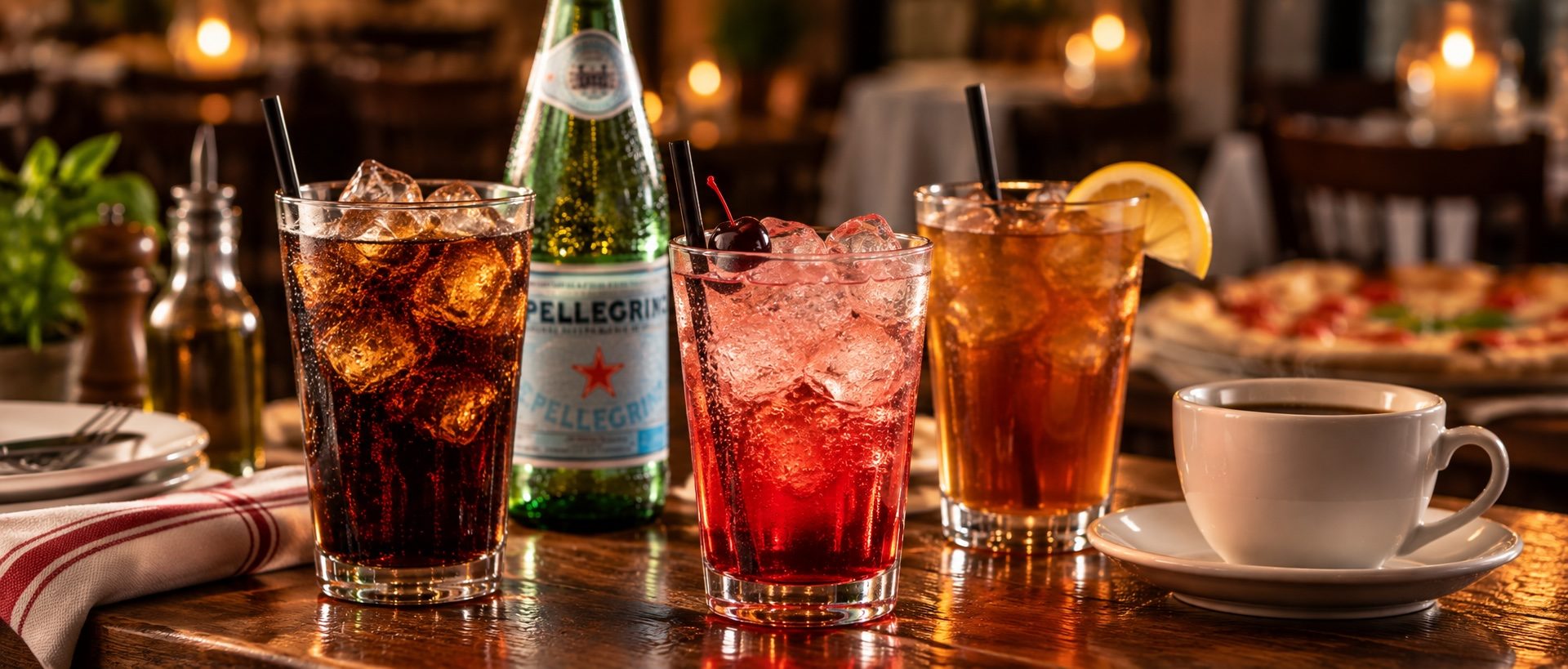 Iced soft drinks, sparkling water and coffee on a restaurant table